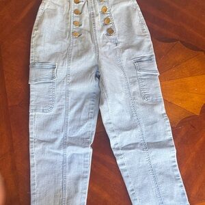 High-Waisted Light Blue Button-Up Pants